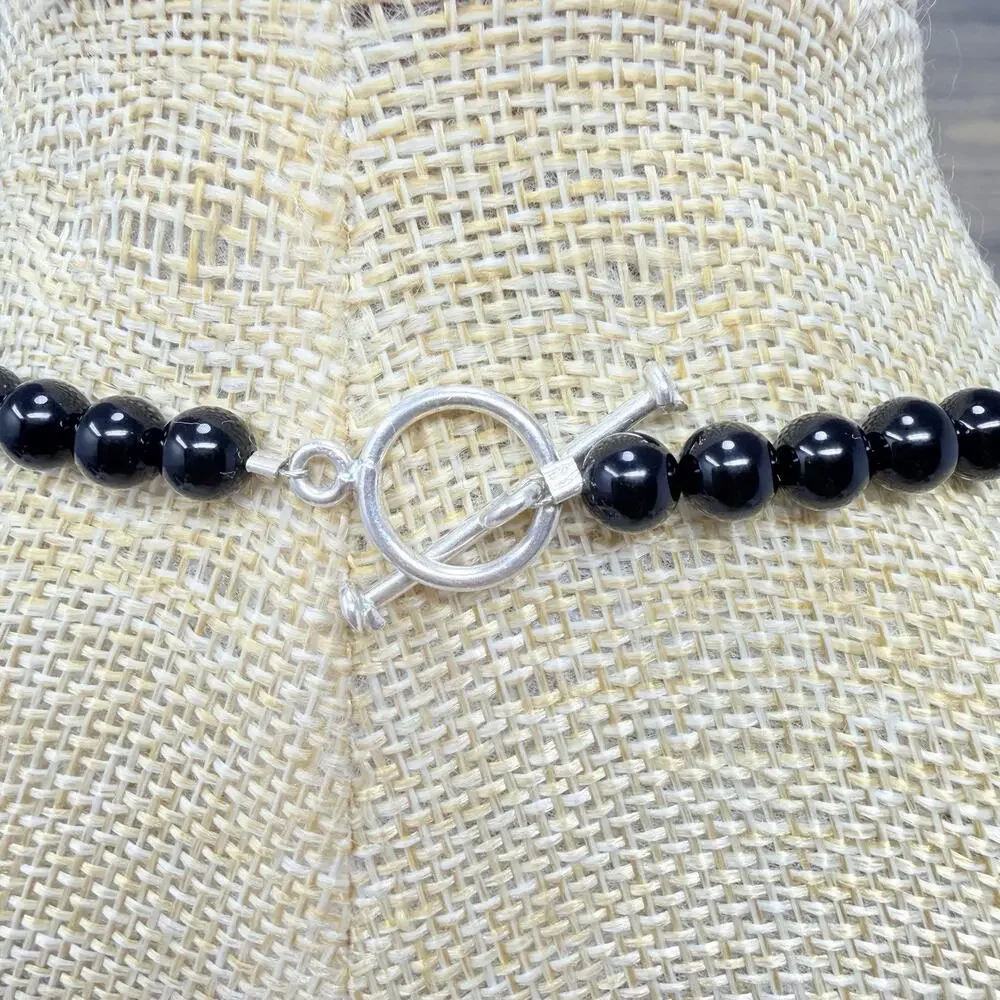 Vintage Sterling Silver 925 and Beaded Black Onyx Pendant Necklace 18 Inch